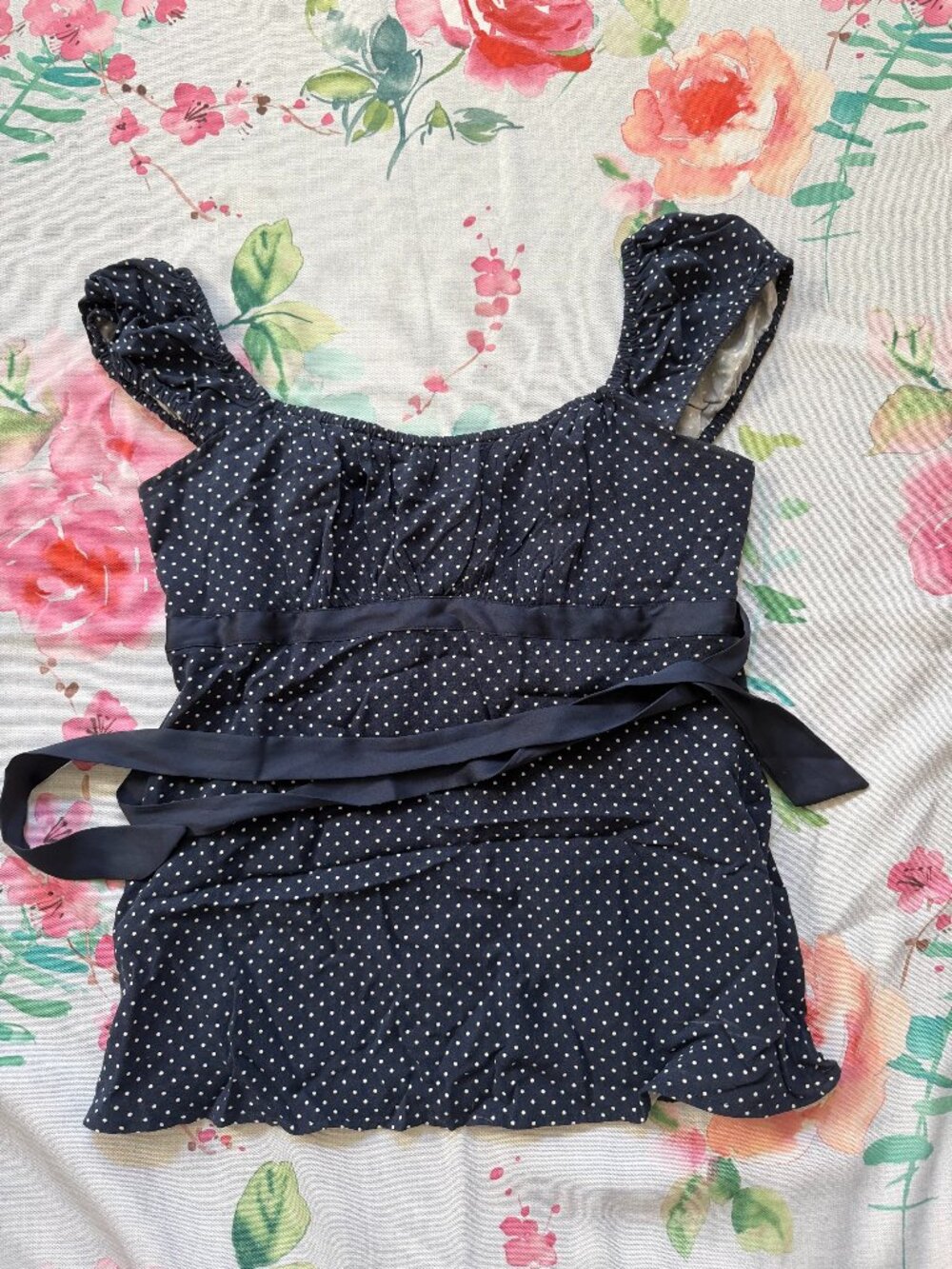 Hollister Easy Satin Tie Babydoll Top in Navy Polka Dot